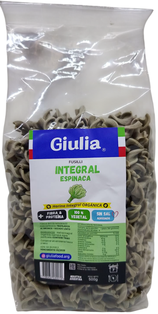 FIDEOS FUSILLI INTEGRAL ESPINACA GIULIA X 500 GRS